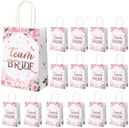 Möhippa team brudväskor – Lemicin 15 st möhippa presentpåsar med handtag, roséguld folierad blommig brudtärna papperspåsar för bröllop brud dusch ungkarl fest favorittillbehör tillbehör