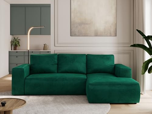 MKS MEBLE Sofa mit Schlaffunktion - Ecksofa mit Schlaffunktion und Bettkasten - Sofa 3 Sitzer - Schlafsofa - Couch - Schlafsofa mit Bettkasten - Trentino L - Dunkelgrün Velvet - Rechts