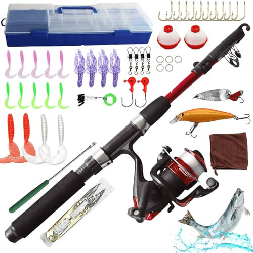 Angelset für Kinder, 1.5m Kinderangel Starter Set mit Angelrolle und Köder, Kohlefaser Teleskop Angelrute und Angelschnurrolle, Angel Zubehör für Kinder von 3-10 Jahren, Angel Set komplett (Schwarz)