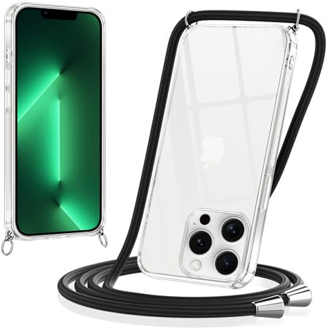 Coiwxmoi Cover con Cordino per iPhone 13 Pro Max 6,7, Trasparente Custodia con Laccio Tracolla Cellulare Girocollo Collana Morbido Silicone TPU Antiurto AntiGraffio Protettiva Case, Nero
