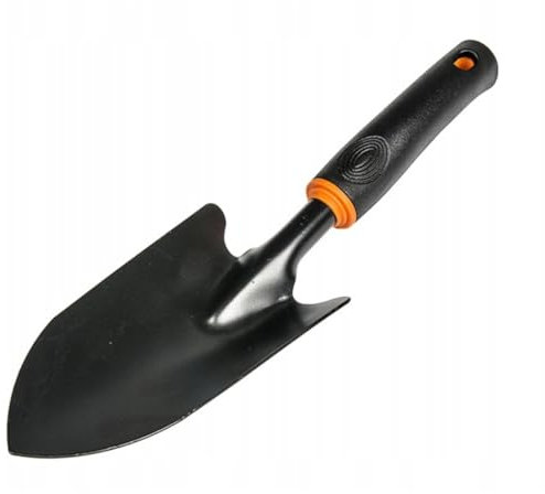 STYLIZER - Blumenkelle für den Garten - Pflanzkelle Edelstahl für schwere Erde - Gartenkelle 8 cm breit - Kunststoffgriff 16 cm - Schwarz und Orange