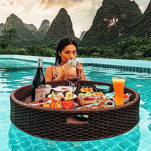 LFONDIGE Swimming Pool Floating Tray Table | Rattan Woven Serving Tray | Perfect for Sandbars,Spas,Bath,and Parties | Floating Tray for Adults,Brown,60cm