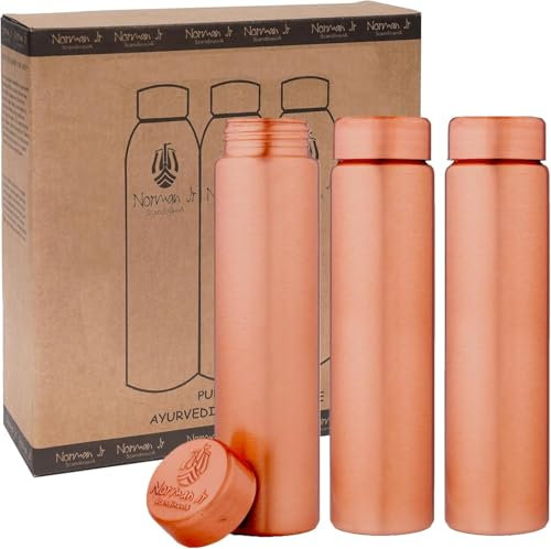 NORMAN JR Copper Water Bottle 550ml - Gift Box of 3, Slim Plain, an Ayurvedic vessel made from pure copper - helps you drink more water, with many health benefits