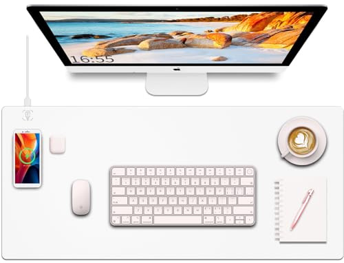 Sous-main avec chargement sans fil, tapis de souris blanc avec chargeur sans fil, tapis de bureau mat pour bureau, grand tapis de souris de jeu, ordinateur en cuir pour clavier et souris, 81,3 x 40,6