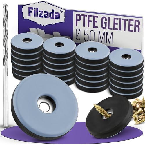 Filzada® 26x Teflongleiter zum Schrauben Ø 50mm Rund - Möbelgleiter Teflon | Stuhlgleiter Teflon inkl. Schrauben & Bohrer - Teppichgleiter raue Böden, Fliese, Teppich - hohe Belastbarkeit - PTFE Gleiter