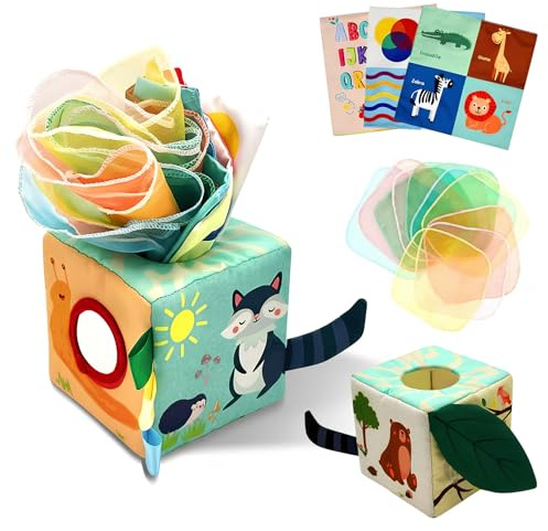 Taschentuchbox-Spielzeug, ReißFestes Quadratisches Stoffsimulationspapier, Geeignet füR SäUglinge und Kleinkinder Im Alter von 0–3 Jahren FrüHkindliche Bildung (3 Ringpapier + 10 Seidenschals).