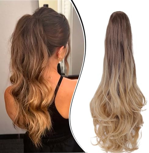 Dcbaboo Pferdeschwanz Haarteil Zopf Extension mit Klammer Wellige Lang Ponytail Extensions Haarverlängerung Clip Synthetik Gewellte Pferdeschwanz Haarextension Zopf, 45cm Braun Ombre Blond