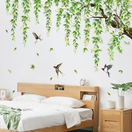 Supzone Wandtattoo Baum Groß XXL Wandaufkleber Hängende Grüne Blätter Pflanze Vögel Wandsticker Wohnzimmer Schlafzimmer Sofa Hintergrund Wanddeko