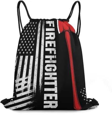 Turnbeutel Amerikanische Flagge Mit Roter Linie, Feuerwehrmann, Schwarz Sportbeutel Waterproof Kordelzugbeutel Durable Rucksack Mit Kordelzug Für Schule Reisen Fitnessstudio