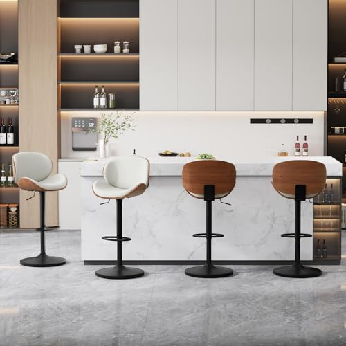 Ckaff Tabouret de Bar Lot de 4, Tabouret de Cuisine Pivotants 360° en Similicuir & Bois, Chaise de Bar Réglable en Hauteur avec Repose-Pieds et Dossier pour Cuisine, Salle à Manger, Bar, Blanc