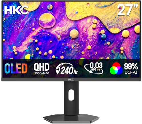 HKC 27 Pulgadas OLED 240Hz Monitor Gaming, QHD (2560×1440), 0.03ms GTG, HDR True Black 400, 99% DCI-P3, 10 bits, HDMI 2.1 & DP 1.4, Ajuste de Altura, Pivot, Protección Ocular, VESA 100×100