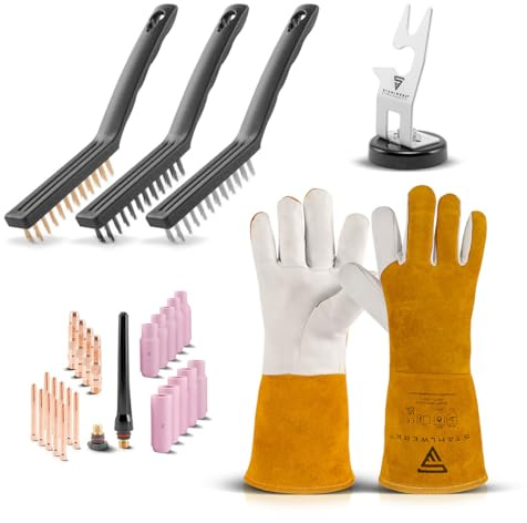 STAHLWERK WIG Zubehör-Set 4-tlg. – Brennerhalter mit Magnetfuß (WIG/MIG/Plasma), Drahtbürsten Set 220 mm (Messing/Stahl/Nylon), Schweißhandschuhe aus Leder, WP-26 WIG Verschleißteile Set 26-tlg.