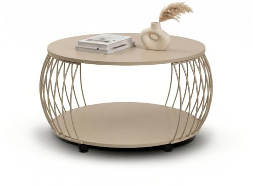 M2 Kollektion Taiwan 2 - Moderner Couchtisch (Ø 80 cm, H 46cm) | Pulverbeschichtetes Metallgestell, lackierte MDF Platte cremeweiß | Modernes Design | auf Rollen, Pflegeleicht, stabil