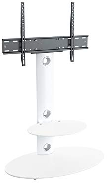 MAHARA Universal Column TV Stand - for 32 to 65 inch TVs-Freestanding white tall floor stand with oval white glass shelves and cable management-Height adjustable & fits in corners-Max Weight 40kg