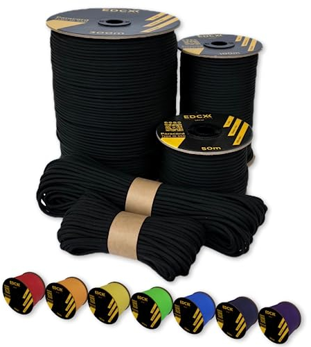 EdcX Paracord 4 mm, 35+ Volltonfarben (10 m, 15 m, 30 m, 50 m, 100 m, 300 m) | Ideal zum Basteln, Camping, Outdoor | 100% Nylonseil 4 mm| Taktische Schnur 550 Typ III (Black, 30 m)
