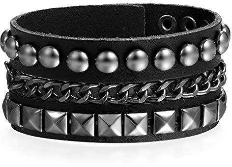 Flongo Herrenarmband Männer Armband Lederarmband, groß breit Leder Armband Armreif Geflochten mit Kette Nieten Schwarz für Männer Herren-Accessoires Rock Biker Größen verstellbar