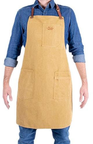 Alaskan MAKER - Delantal de cocina de lona vintage y piel multibolsillos n.º 325 - Enlaces para atar, talla universal para hombres y mujeres (mostaza)