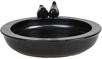 Rivanto® Keramik Vogeltränke mit Vogelfiguren, Ø 30 cm, Höhe 10 cm, grau, Vogelbad für Wildvögel, Futterstation