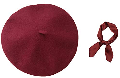 JOYHY Damen Wolle Künstler Französisch Baskenmütze Barett mit Quadratischem Schal Weinrot