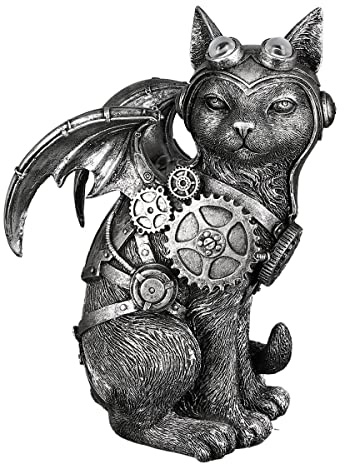 Laure Terrier Katzenstatue Steampunk aus Silberharz. Höhe 24 Zentimeter, Moderne und originelle Dekoration