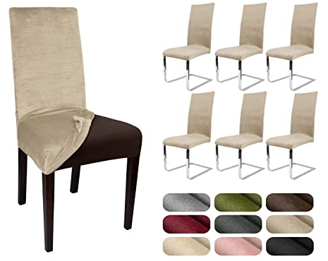 BEAUTEX 6er Set LEA Stuhlhusse, elastische Uni Stretch-Husse aus Samt Mikrofaser Farbe wählbar (Natur)