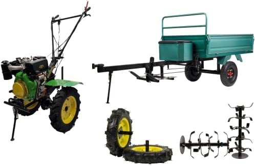 Bauen 214PD+ Einachstraktor 10 PS Diesel, Zahnradantrieb, 1350 mm Arbeitsbreite, arbeitet bis zu Einer Tiefe von 30 cm, 3 Gänge: 2 Vorwärts 1 Rückwärts, Selbstfahrend, Ideal zur Eigenversorgung, Grün