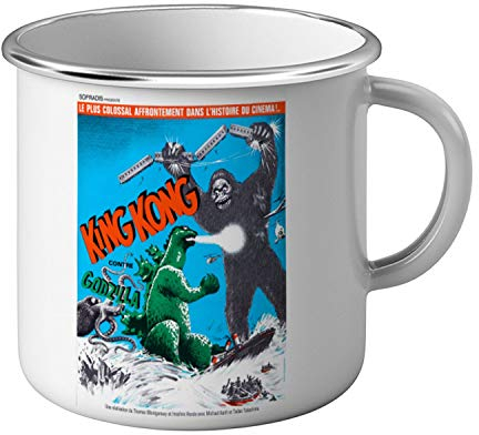 French Unicorn Tasse, emailliert, Metall, Filmposter King Kong Versus Godzilla, Antikes Kino, Retro