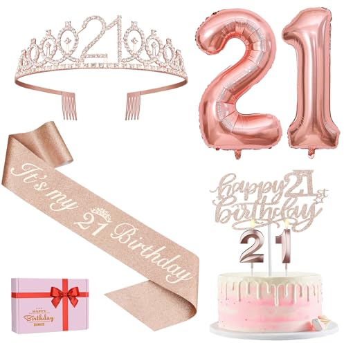 Amosking 21st Birthday Decorations for her, Including 21st Birthday Sash and Tiara, Cake Topper and Candles, Rose Gold Number Balloons, 21 Year Old Gifts for Her