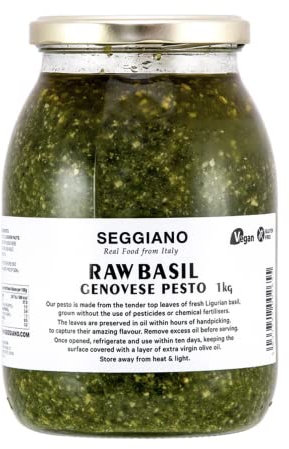 Seggiano Raw Basil Pesto 1KG - Vegan, GMO Free, Gluten Free, Wheat Free, Raw, Vegetarian, and Suitable for Coeliacs - Product of Sicily & Great with Pasta