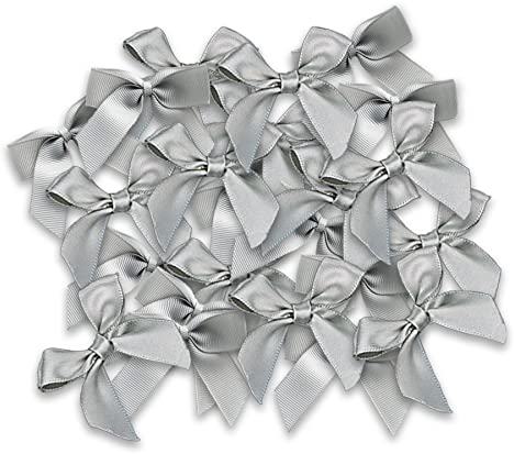 JKDHJK 48Pcs Silver Grey Mini Self Adhesive Bows, Tiny Bow Ribbons for Christmas Tree, Small Silver Satin Bows for DIY Craft, Wedding and Valentine's Day Gift Wrapping, Invitation Card Decoration