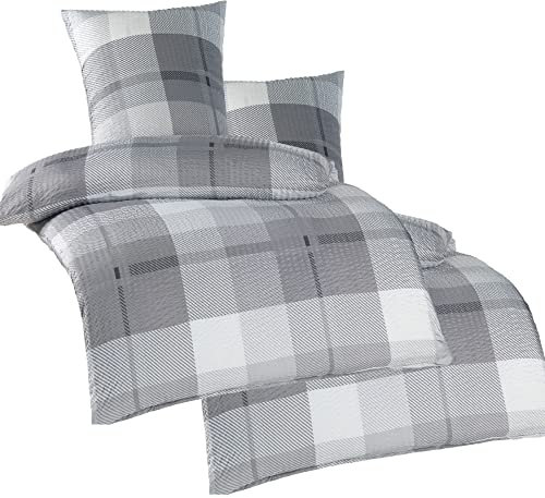 KH-Haushaltshandel 4-TLG. Seersucker Bettwäsche 2X 135x200 +80x80cm, grau kariert, bügelfrei, Microfaser (W401030)