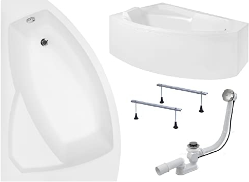 BADLAND Badewanne Original Weiß Acryl Wanne Eckbadewanne RIMA 160x100 Links KOMPLETTSET SET mit Weiß Acrylschürze + Füßen und Exklusive Chrom Automatik Ablaufgarnitur Made in EU 4in1