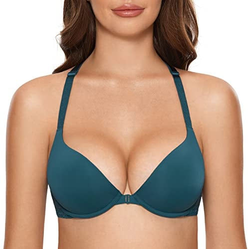 DOBREVA Damen Vorderverschluss Push Up BH mit Bügel Soft T Shirt Tiefen Ausschnitt BHS Neckholder Gepolsterter Fichtengrün 80C