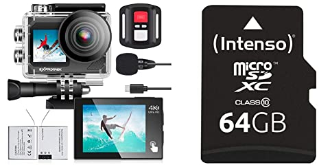 Exprotrek Action Cam,4K 30fps Ultra HD, 40m 100Fuß wasserdichte Unterwasserkamera, WiFi, 170° Ultraweitwinkel, Fernbedienung & Intenso microSDXC 64GB Class 10 Speicherkarte inkl. SD-Adapter, schwarz
