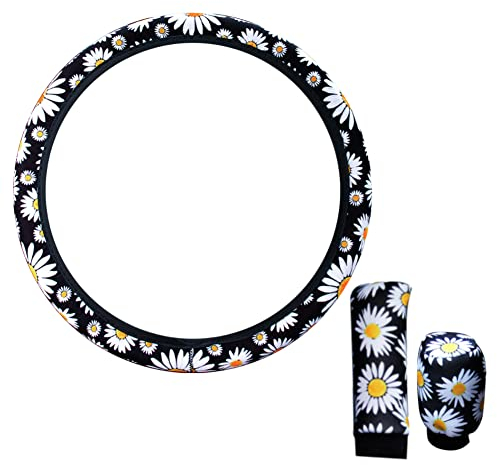 Blumen Lenkradbezug Set, Asudaro Lenkradbezug Gänseblümchen Modische Handbremsenabdeckung Gangschaltungsabdeckung Stretch-on Anti-Rutsch Universal Auto Lenkradhülle Lenkung zubehör für Auto Typ C 3St