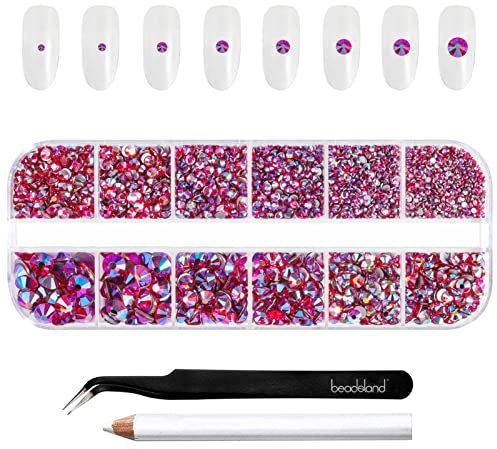 Beadsland Strasssteine für Makeup,8 Größen 2500pcs Kristall flache Rückseite Strasssteine Gesicht Edelsteine für Nägel Handwerk mit Pinzette und Wachsstift,Helles Rot AB,SS4-SS30