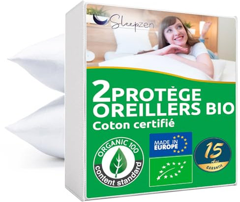 Kopfkissenschutz 65x65cm Biologischer Baumwolle, Nicht wasserdicht, 2er-Set, Made in Europe, Atmungsaktive und Saugfähige Mollton Baumwolle, Kopfkissenüberzug