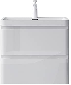 doporro Mobile da Bagno Sospeso 60 cm Bianco Effetto Legno con Lavabo in Marmoresin, Mobile Sottolavabo con 2 Cassetti Soft-Close | Lucca