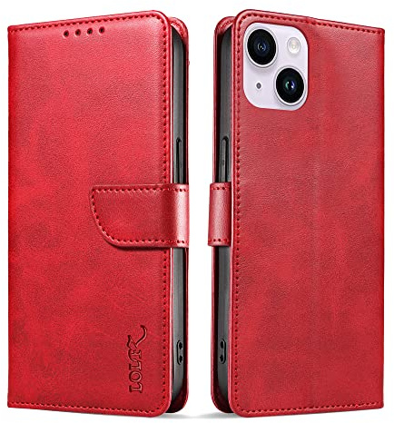 LOLFZ Wallet Case for iPhone 14 Plus, Vintage Leather Book Case with Card Holder Kickstand Magnetic Closure Flip Case Cover for iPhone 14 Plus - Red