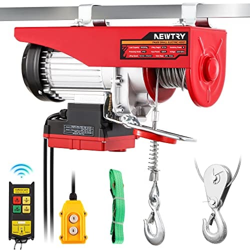 NEWTRY Polipasto Eléctrico 300kg/600kg, Control Inalámbrico 100m, Control por Cable 2m, Cabrestante Eléctrico 12m/6m de Altura de Elevación, Grúa Elevadora para el Hogar Garaje Almacén 1200W