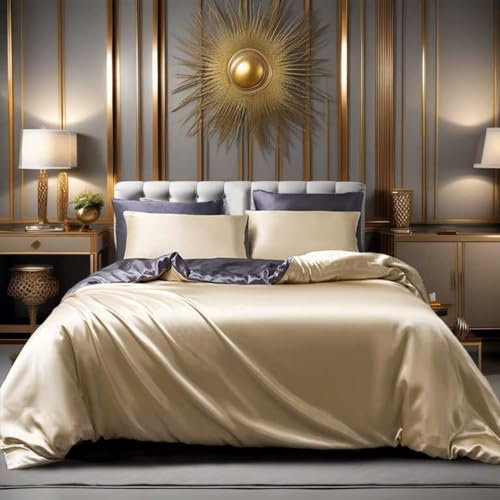 Gezu Housse de Couette Satin Or Beige Gris Foncé Unie Double Face 140x200cm Parures de lit 1 Personne Satin la Soie Lisse Linge de lit avec 1 Taies d'oreiller 65x65cm avec Fermeture Éclair