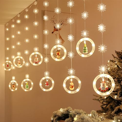 BLOOMWIN Christmas Window Decorations Lights - 3M 120 LEDs Christmas Curtain Lights Indoor With Snowflake LED Christmas String Light Hanging Fairy Lights For Bedroom Wall Party Outdoor, Warm White USB