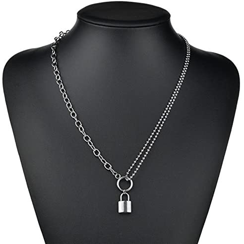 WEITING Women Fashion Key Padlock Pendant Necklace Gold/Silver Colorful Lock Necklace Layered Chain Punk Metal Lock Punk Jewelry-43345,50cm