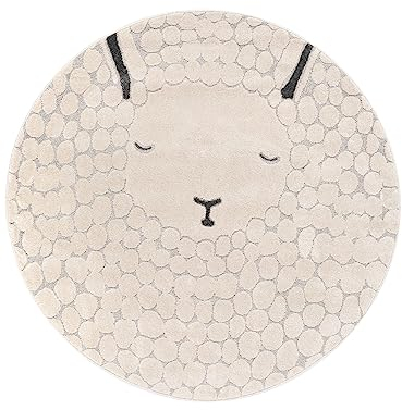 RugVista, Lollo Lamm, Kinderzimmer Teppich, ∅ 100 cm, Kinderteppich für Kinder, Spielteppich für Babys, Modernes Design, Maschinell hergestellt, Kurzflor, Keine schädlichen Stoffe, Greige/Beige