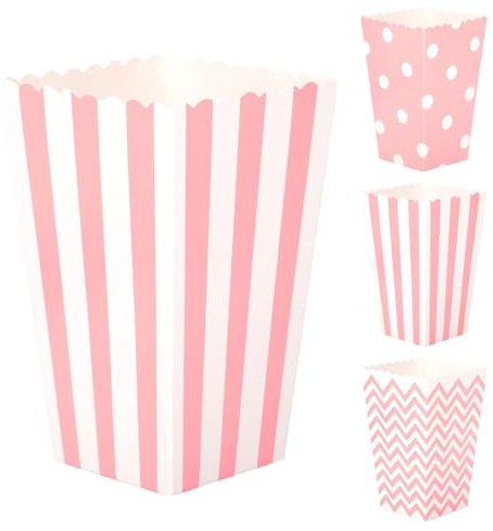 JOYSKY 26 PCS Popcorn Favor Boxes, Striped Paper Popcorn Boxes Cardboard Candy Container for Birthday Theater Themed Parties Movie Nights Carnivals, Rose&White Striped Retro Design 4.5 X 3 Inches