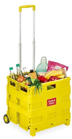 Relaxdays Folding Shopping Trolley Einkaufstrolley, Klapptrolley mit Rollen & Teleskopgriff, bis 35 kg, Faltbare Einkaufshilfe, Rolltrolley, gelb, Aluminium, 98 x 45,5 x 37 cm
