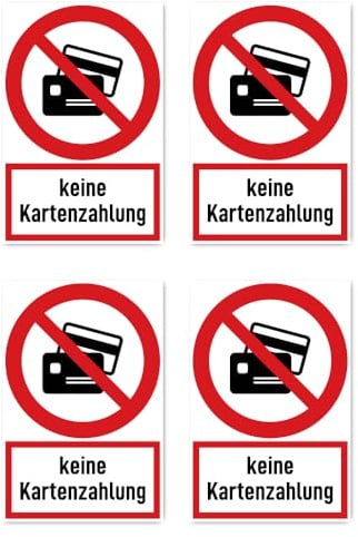 Aufkleber: 150x100 mm, 4 Stück - Keine Kartenzahlung - Verbotszeichen mit Text (deutsch) (rot/weiß) - hochkant - DIN EN ISO 7010 / ASR A1.3
