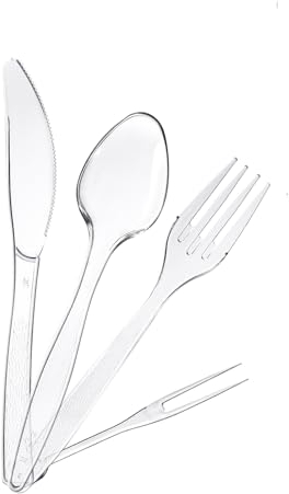 HMIEPRS 400PCS Clear Plastic Cutlery Set, Plastic Cutlery Set Includes 100 Forks 100 Spoons 100 Knives 100 Fruit Forks for Tableware, Parties, Camping and Dinnerware