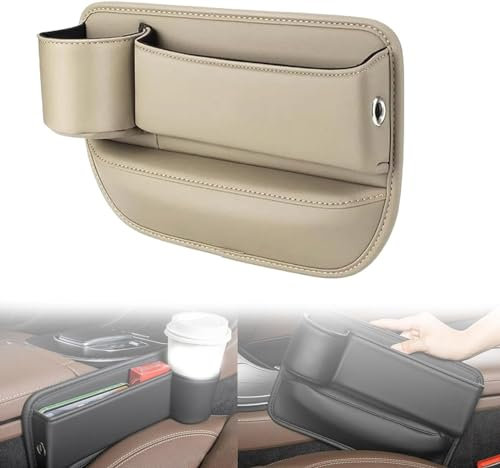 Car Seat Gap Storage Box, Leather Cup Holder Gap Bag, Leather Car Seat Storage Box with Water Cup Holder for Phones, Keys, Cards, Small Items(Driver Seat,BEIGE)