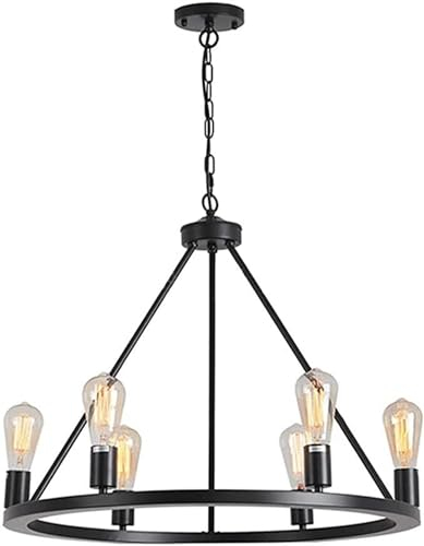 Hobaca E26 6-Light Bauernhaus Wagenrad Kronleuchter, D26 schwarze runde Kronleuchter für Esszimmer, moderne industrielle Küche Insel Anhänger Leuchten für Foyer Entry way Schlafzimmer Wohnzimmer
